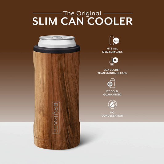 Hopsulator Slim Can Cooler - Insulated Stainless Steel Holder for 12 Oz Slim Cans, Ideal for Hard Seltzer, Beer, Soda, and Energy Drinks (Walnut Finish)