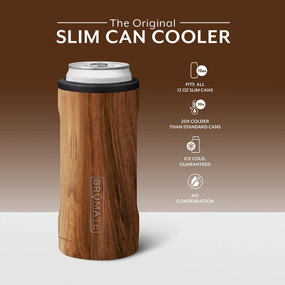 Hopsulator Slim Can Cooler - Insulated Stainless Steel Holder for 12 Oz Slim Cans, Ideal for Hard Seltzer, Beer, Soda, and Energy Drinks (Walnut Finish)